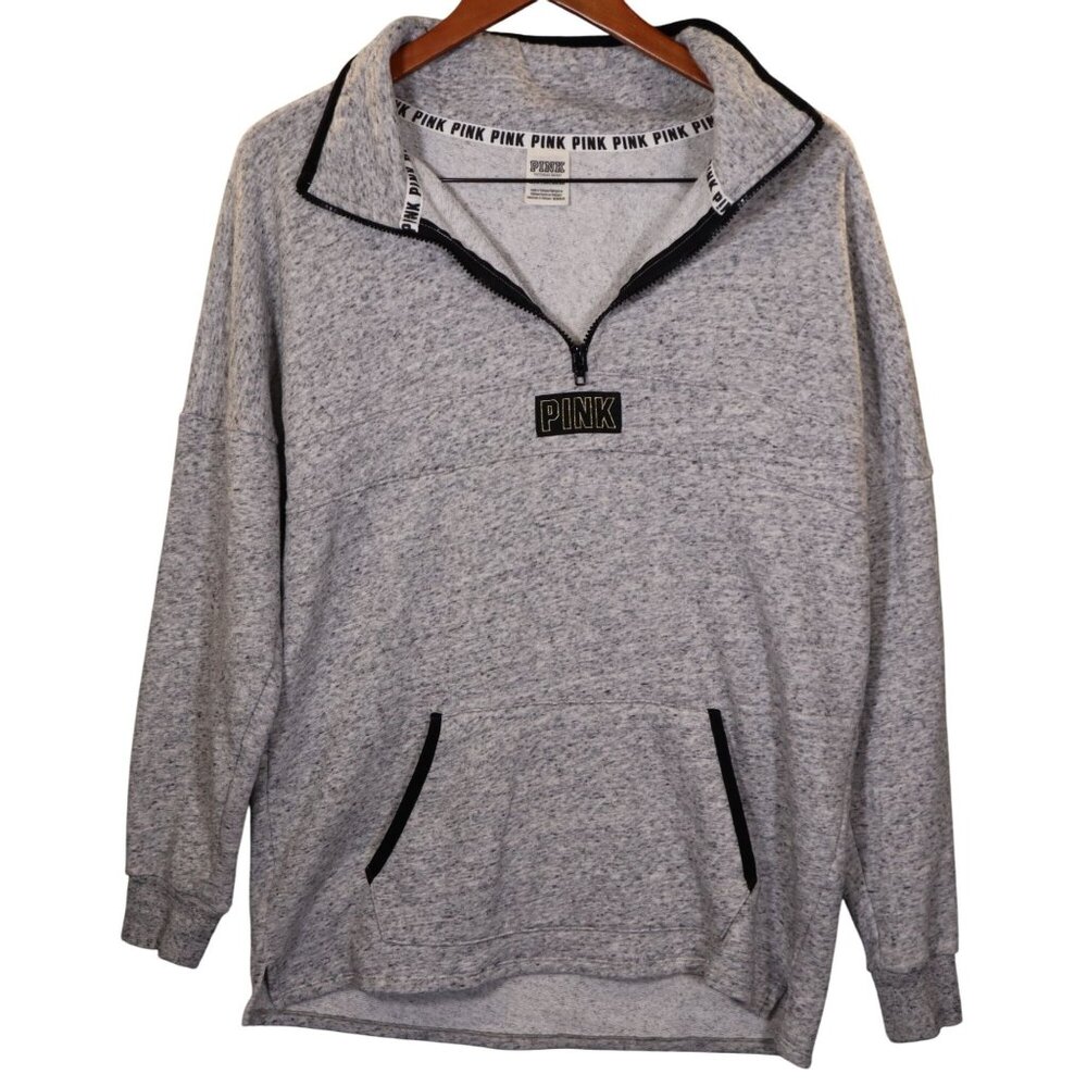 Victorias Secret Pink Gray Half-Zip Pullover Sweatshirt  Kangaroo Pocket High Co